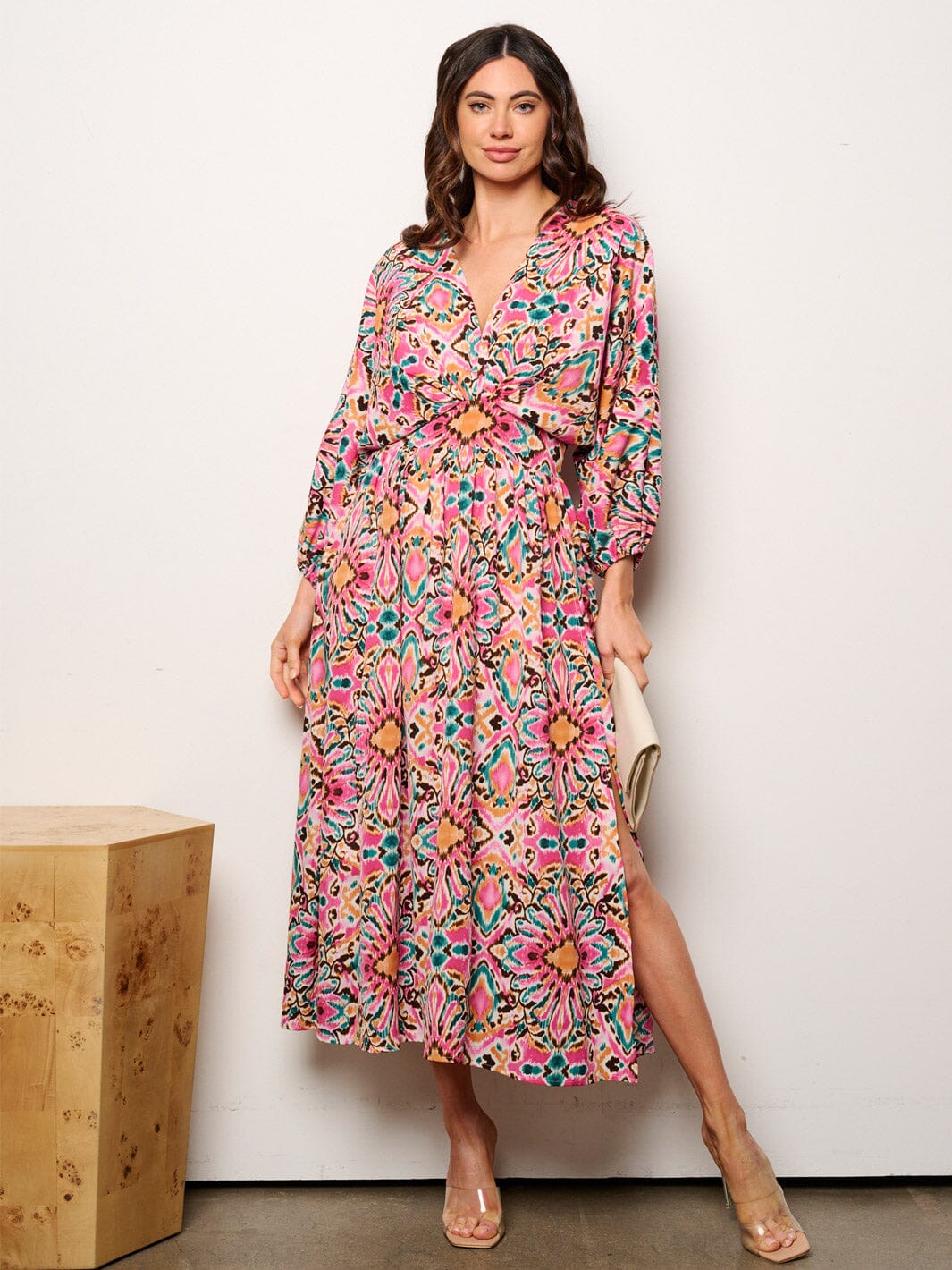 WOMEN'S 3/4 SLEEVELES V-NECK SMOCK WAIST MULTI PRINT MAXI DRESS