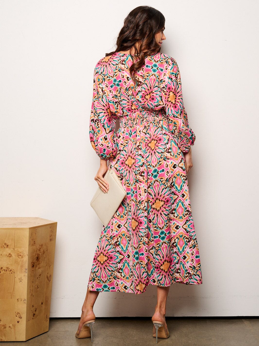 WOMEN'S 3/4 SLEEVELES V-NECK SMOCK WAIST MULTI PRINT MAXI DRESS