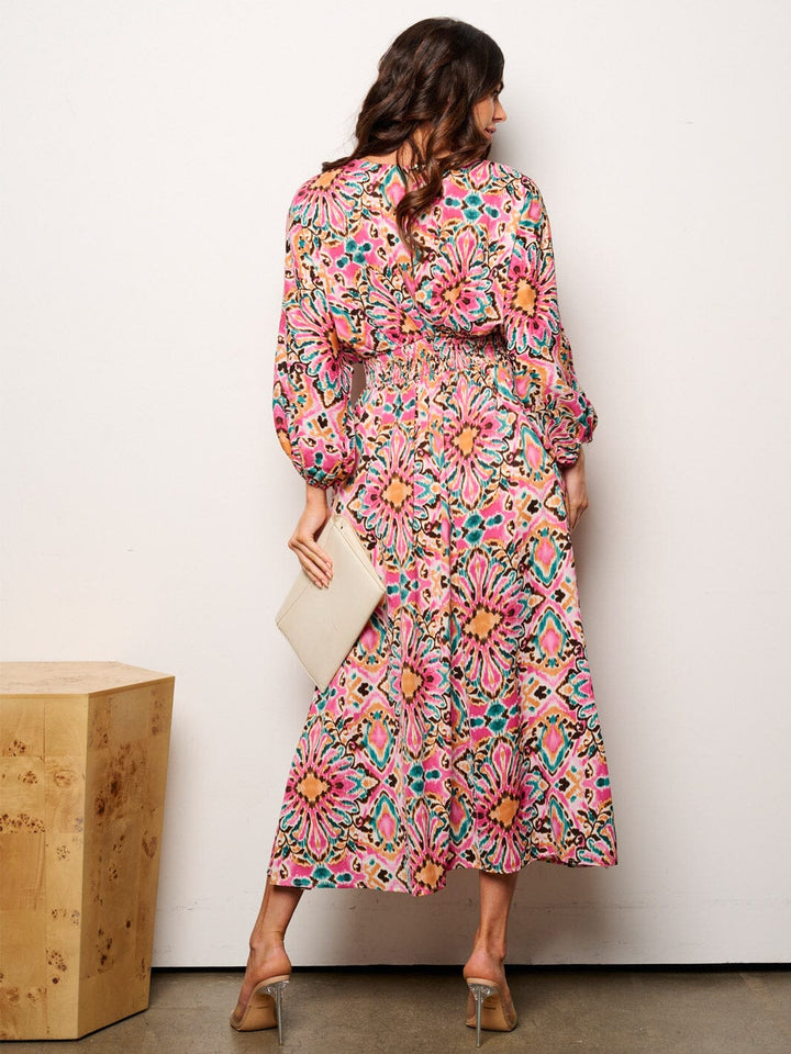 WOMEN'S 3/4 SLEEVELES V-NECK SMOCK WAIST MULTI PRINT MAXI DRESS
