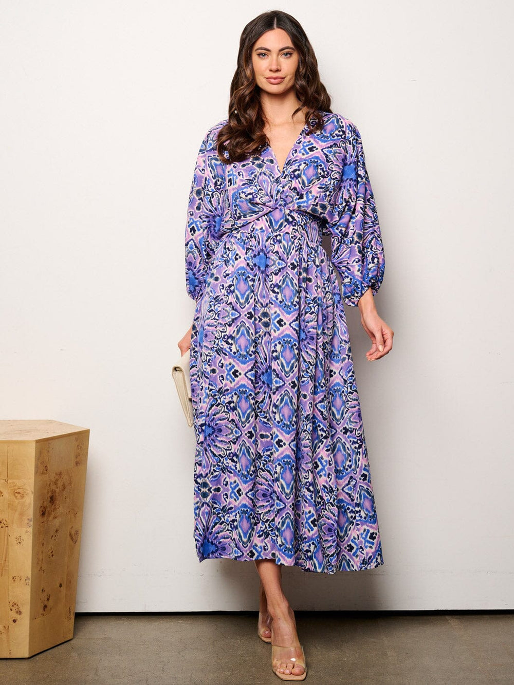 WOMEN'S 3/4 SLEEVELES V-NECK SMOCK WAIST MULTI PRINT MAXI DRESS