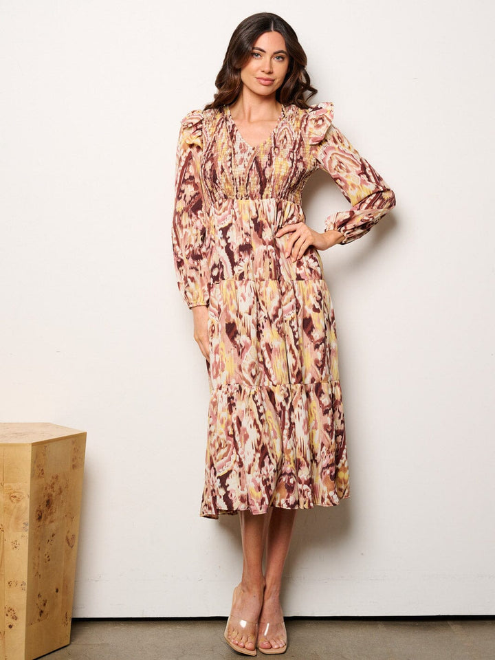 WOMEN'S LONG SLEEVE V-NECK POCKETS SMOCK MULTI PRINT MIDI DRESS