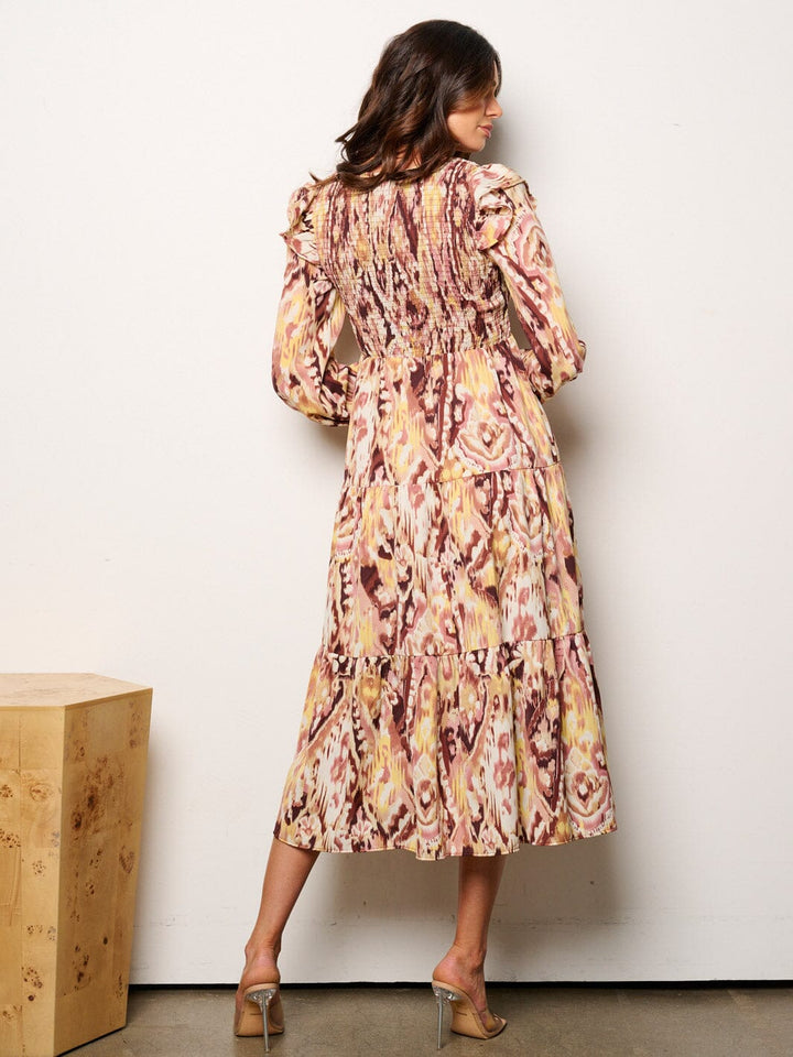 WOMEN'S LONG SLEEVE V-NECK POCKETS SMOCK MULTI PRINT MIDI DRESS