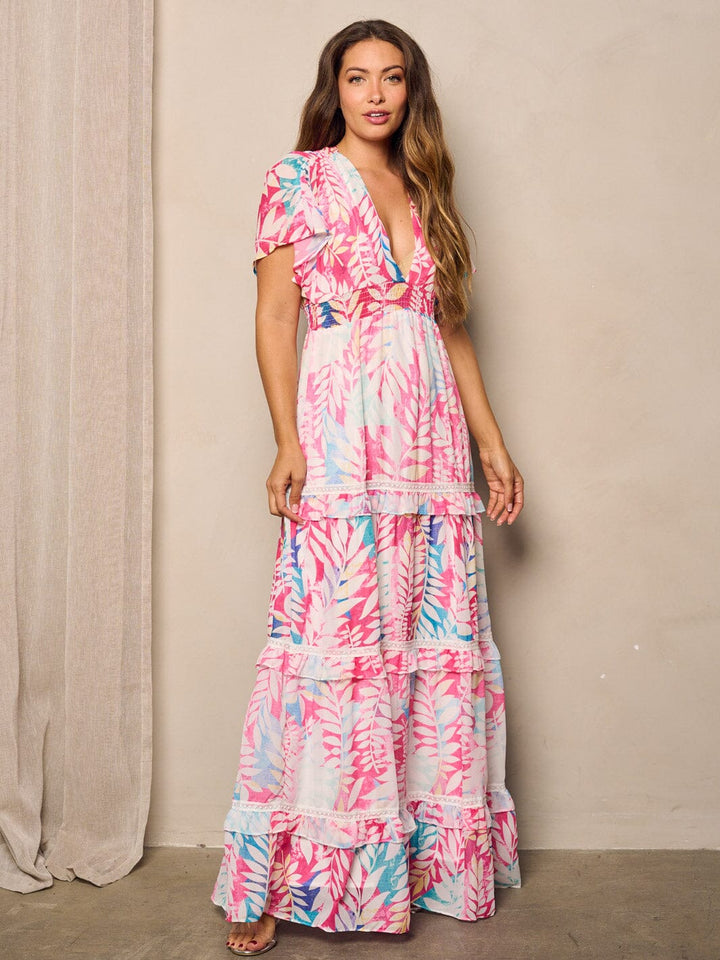 WOMEN'S SHORT SLEEVE V-NECK LEAF PRINT MAXI DRESS