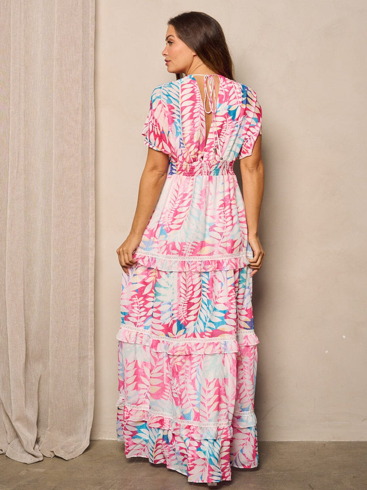 WOMEN'S SHORT SLEEVE V-NECK LEAF PRINT MAXI DRESS