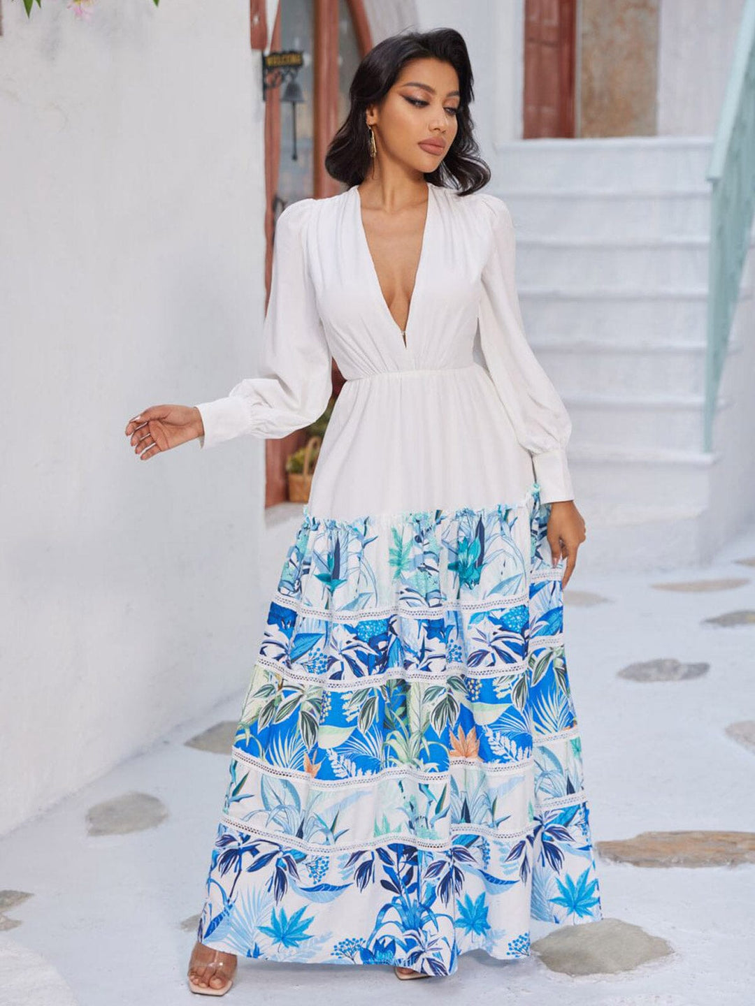 WOMEN'S LONG SLEEVE V-NECK TIERED COLORBLOCK PRINTED MAXI DRESS