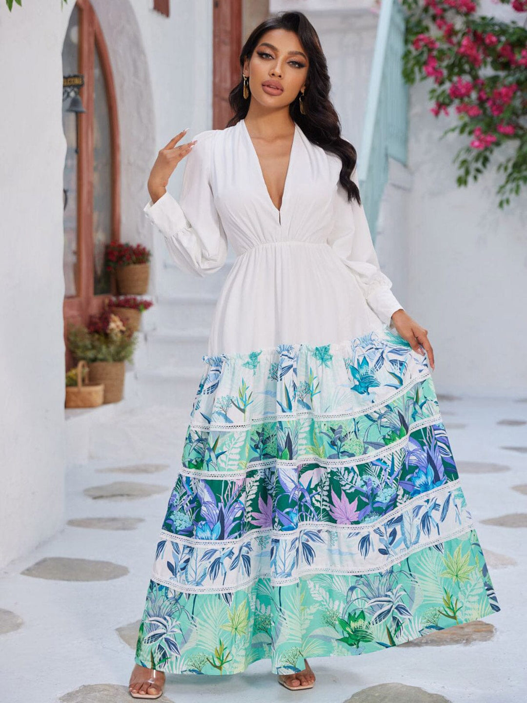 WOMEN'S LONG SLEEVE V-NECK TIERED COLORBLOCK PRINTED MAXI DRESS