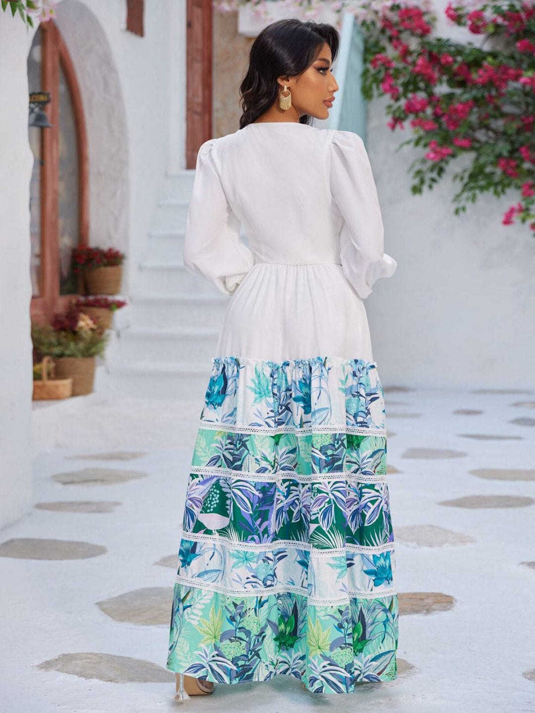 WOMEN'S LONG SLEEVE V-NECK TIERED COLORBLOCK PRINTED MAXI DRESS