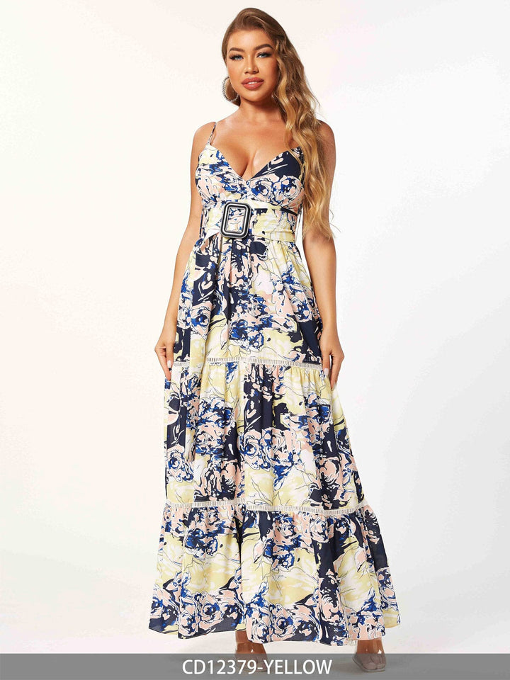 WOMEN'S SLEEVELESS V-NECK TIERED BELTED MULTI PRINT MAXI DRESS
