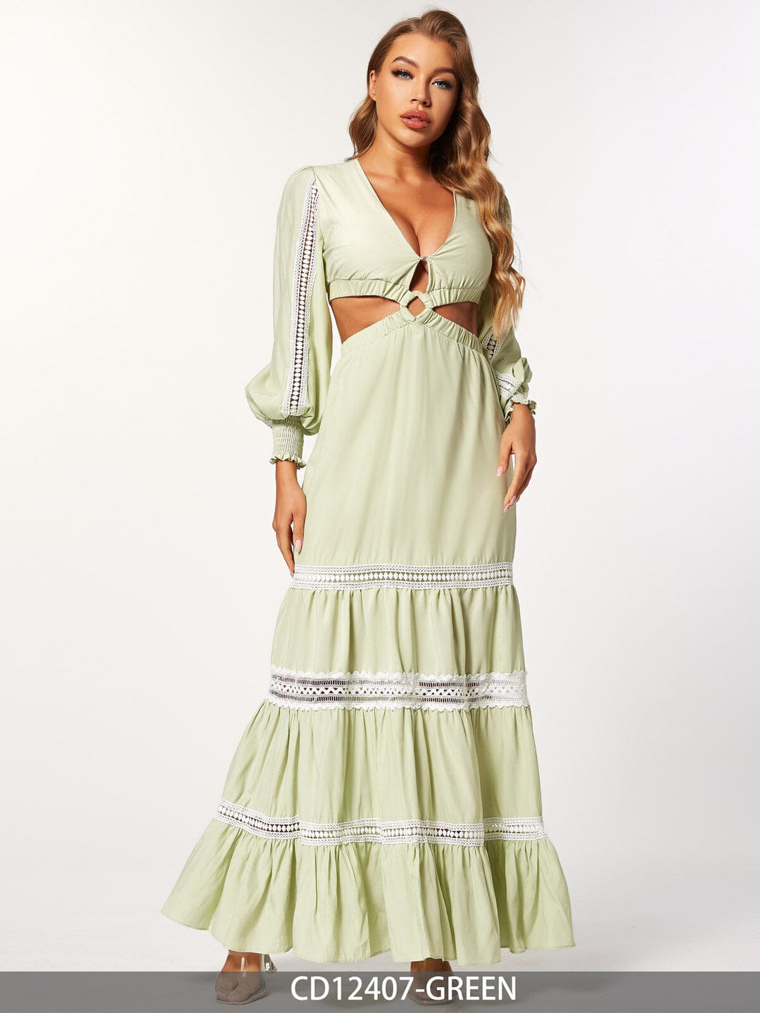 WOMEN'S LONG SLEEVE V-NECK TRIM DETAILED CUT OUT MAXI DRESS