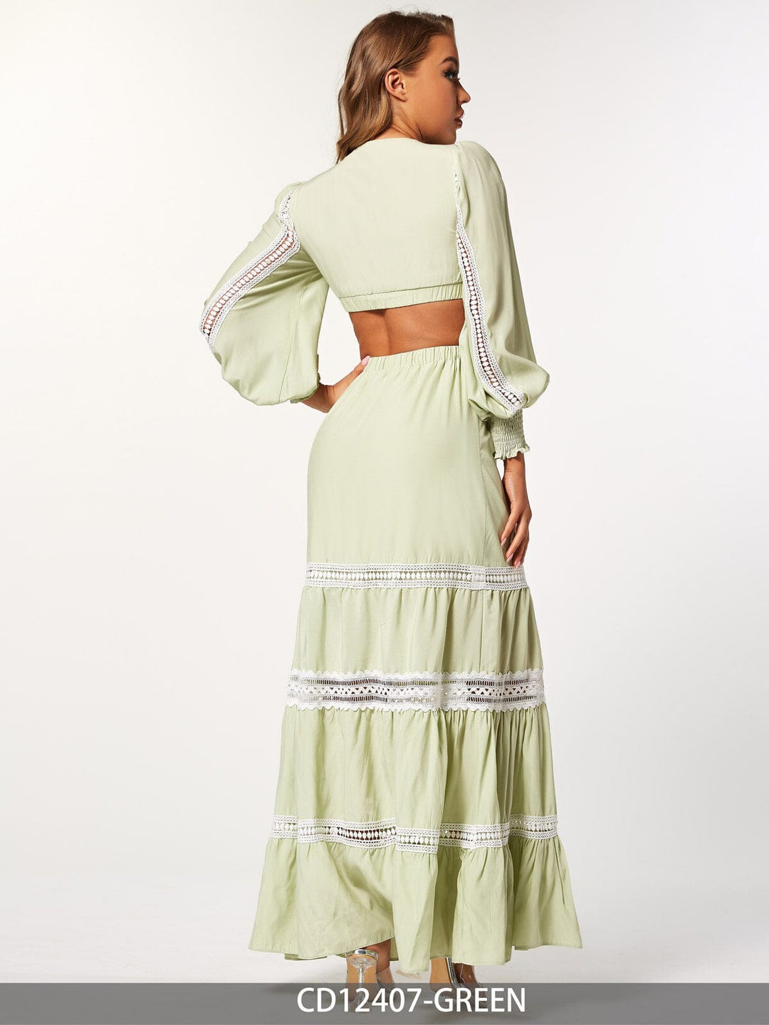 WOMEN'S LONG SLEEVE V-NECK TRIM DETAILED CUT OUT MAXI DRESS