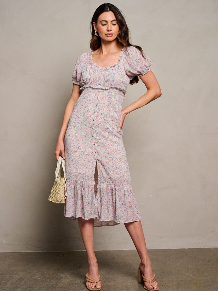 WOMEN'S SHORT PUFF SLEEVES BUTTONS DETAIL FLORAL MIDI DRESS