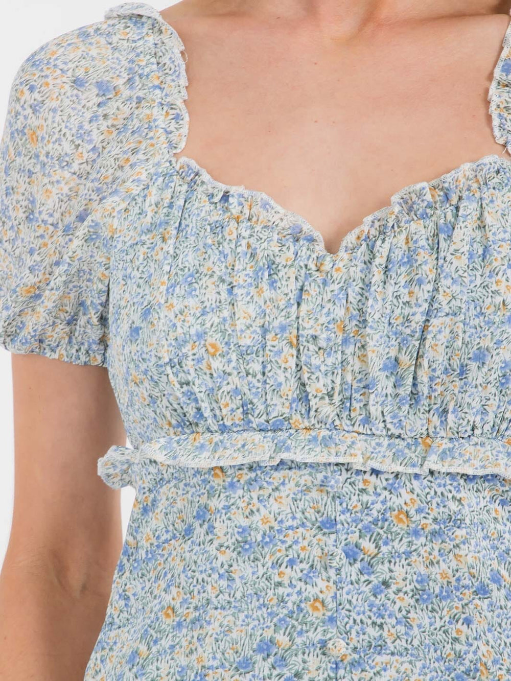 WOMEN'S SHORT PUFF SLEEVES BUTTONS DETAIL FLORAL MIDI DRESS