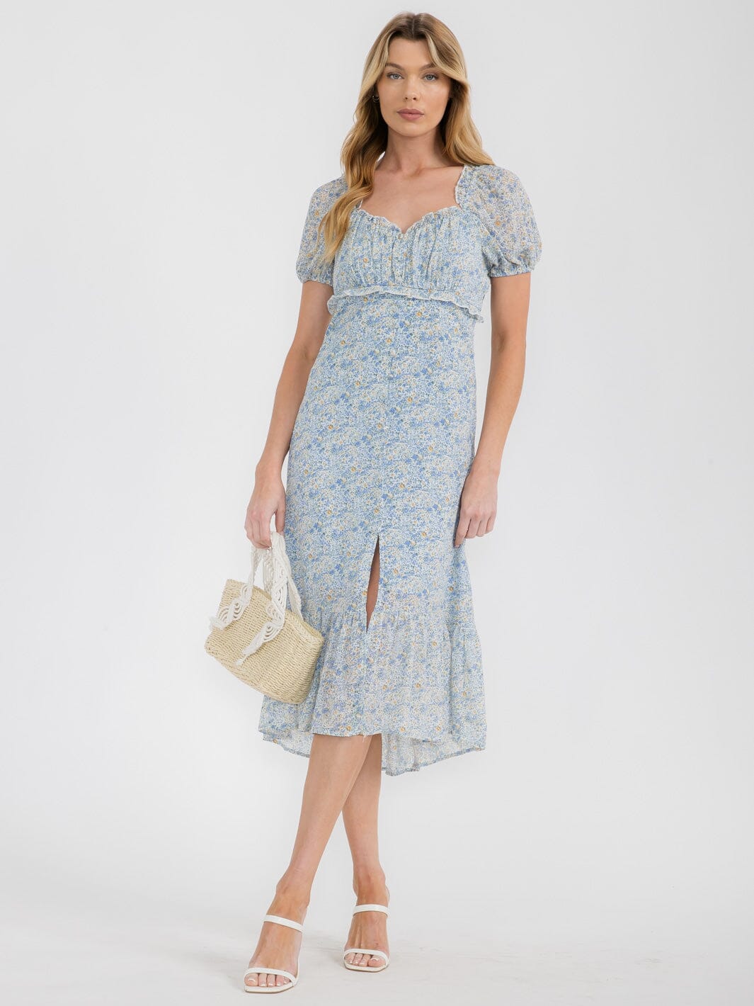 WOMEN'S SHORT PUFF SLEEVES BUTTONS DETAIL FLORAL MIDI DRESS