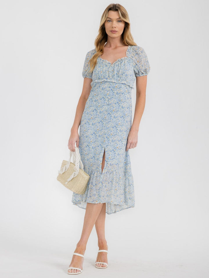 WOMEN'S SHORT PUFF SLEEVES BUTTONS DETAIL FLORAL MIDI DRESS