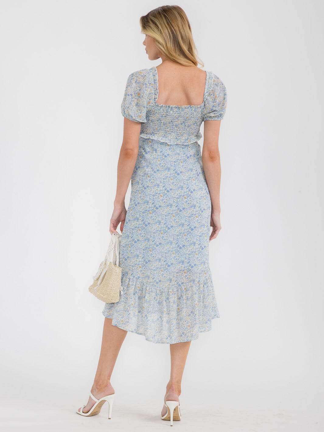 WOMEN'S SHORT PUFF SLEEVES BUTTONS DETAIL FLORAL MIDI DRESS