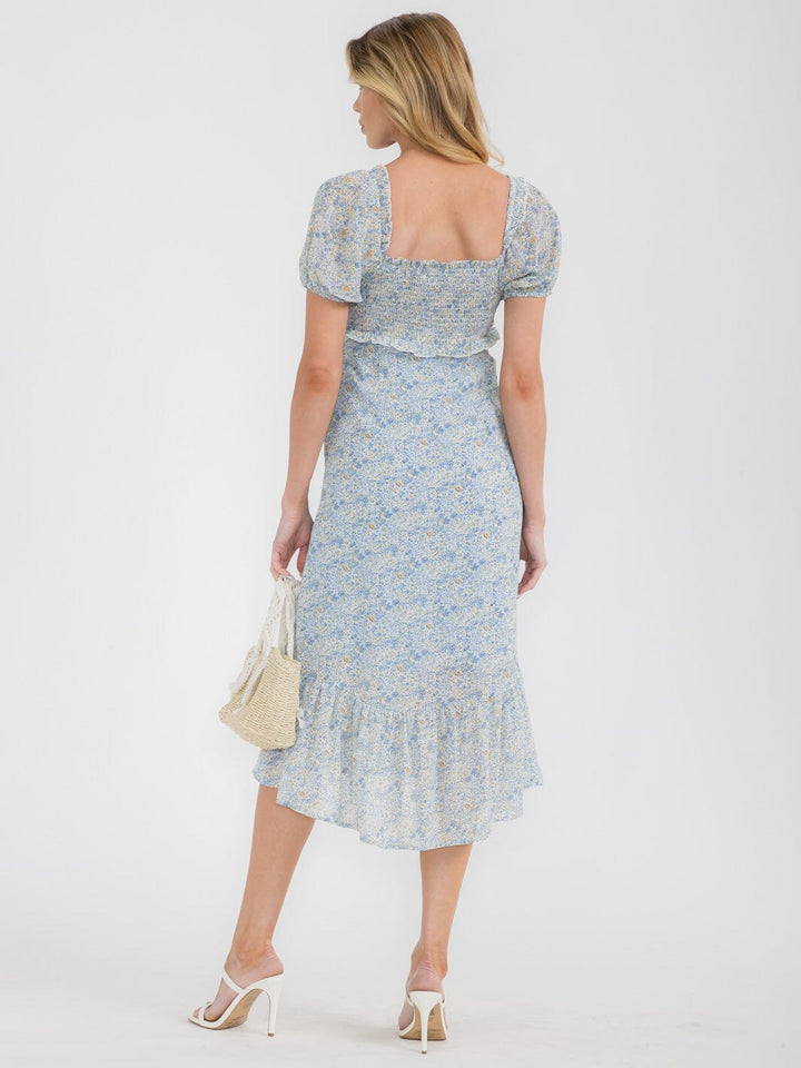 WOMEN'S SHORT PUFF SLEEVES BUTTONS DETAIL FLORAL MIDI DRESS