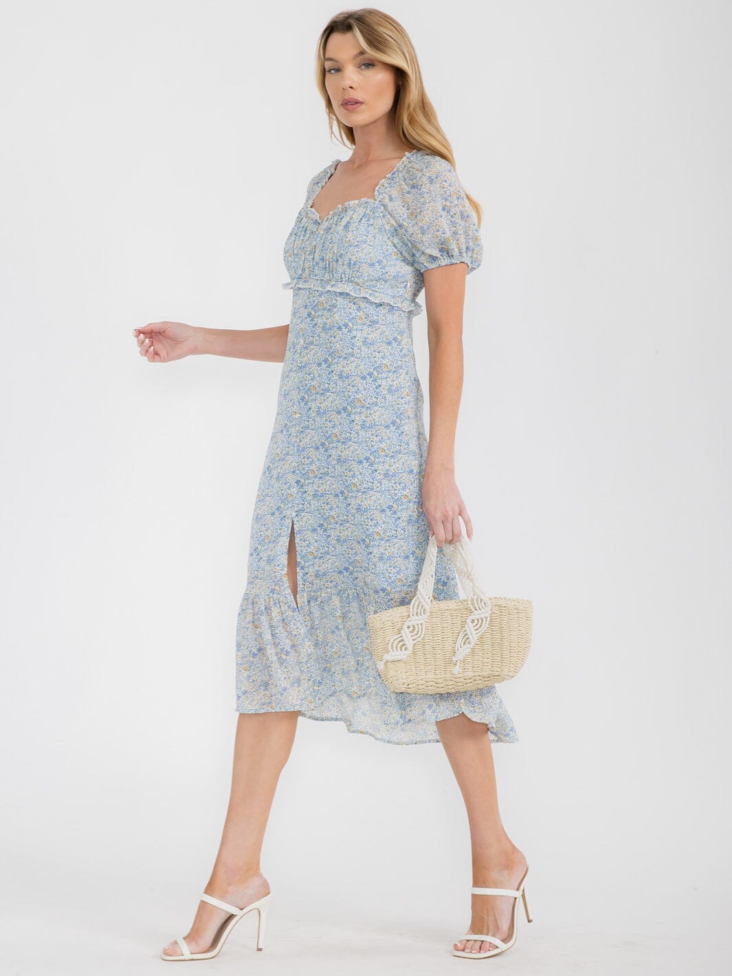 WOMEN'S SHORT PUFF SLEEVES BUTTONS DETAIL FLORAL MIDI DRESS