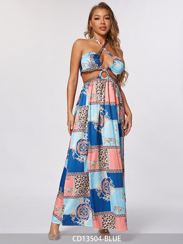WOMEN'S SLEEVELESS V-NECK CUT OUT MULTI PRINT MAXI DRESS