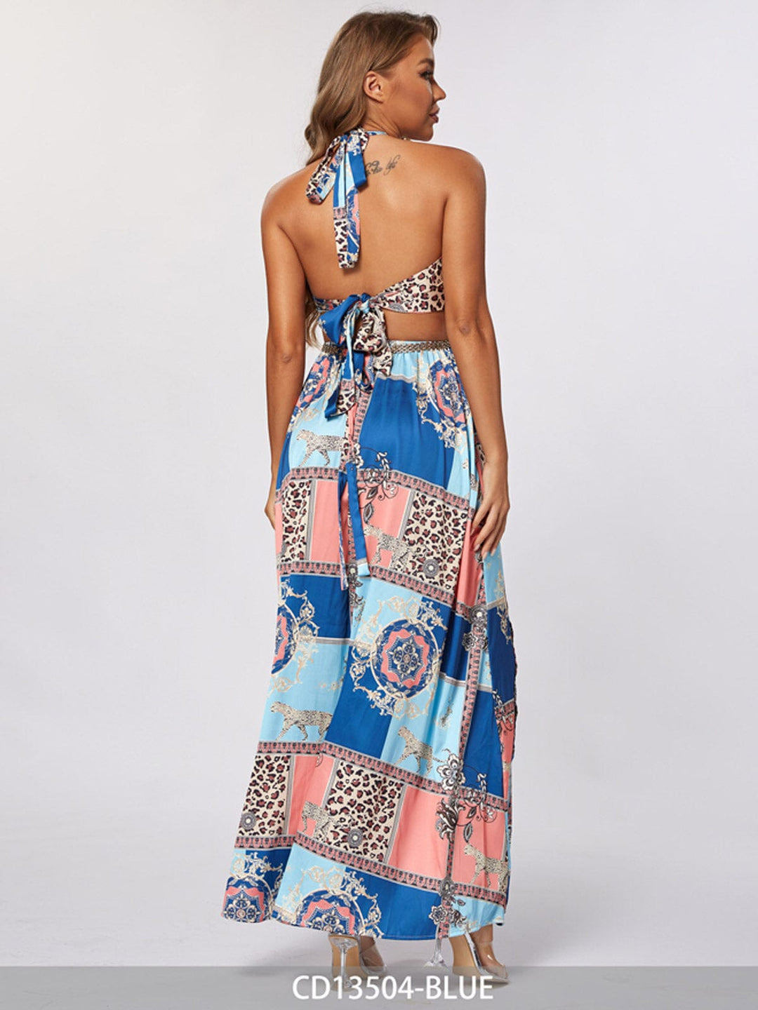 WOMEN'S SLEEVELESS V-NECK CUT OUT MULTI PRINT MAXI DRESS