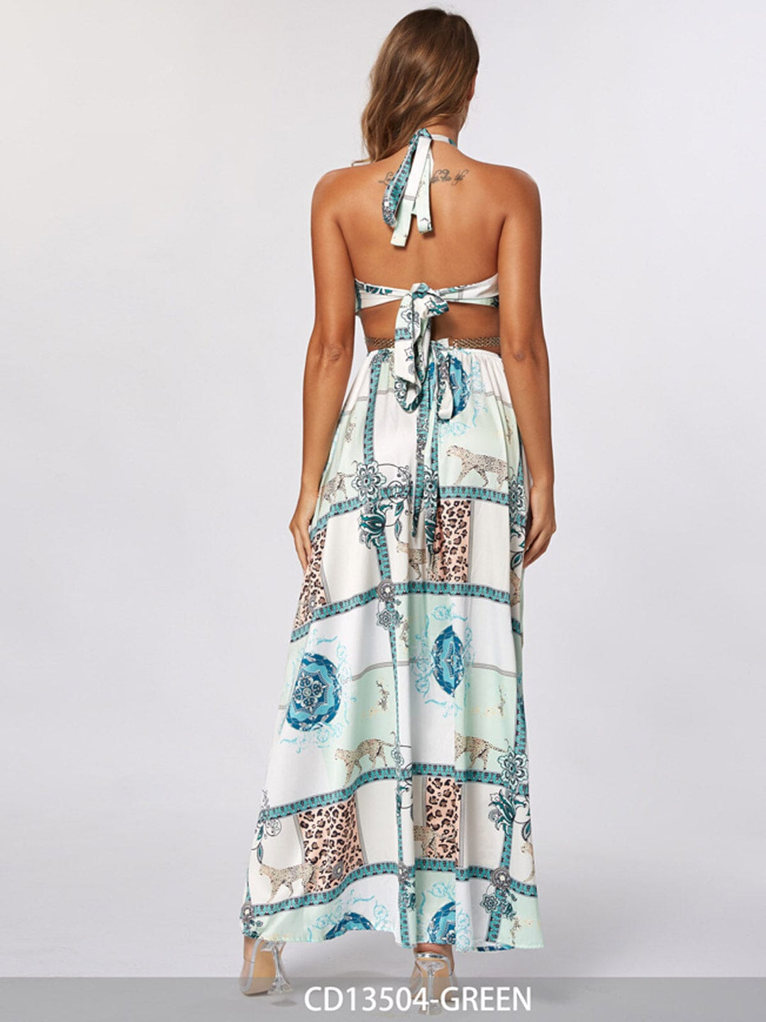 WOMEN'S SLEEVELESS V-NECK CUT OUT MULTI PRINT MAXI DRESS