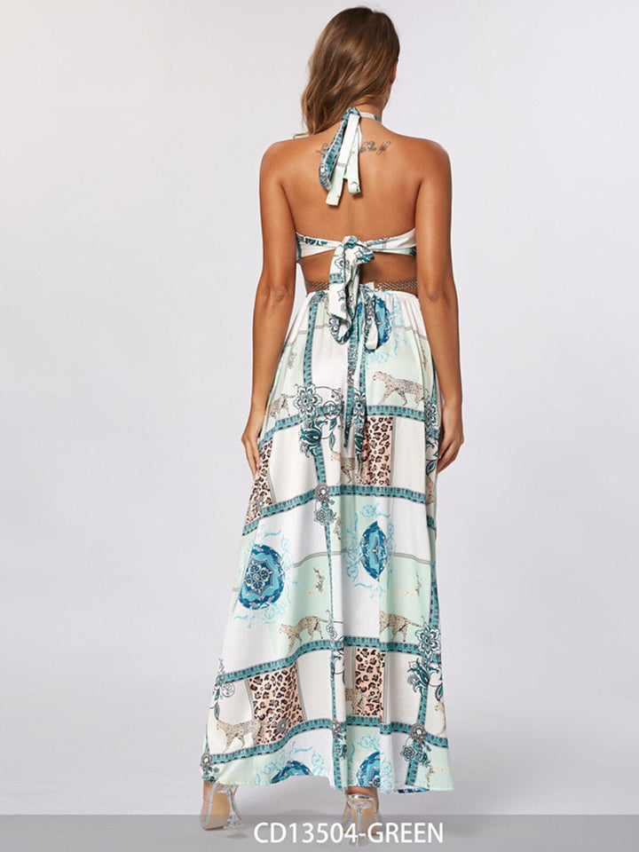 WOMEN'S SLEEVELESS V-NECK CUT OUT MULTI PRINT MAXI DRESS