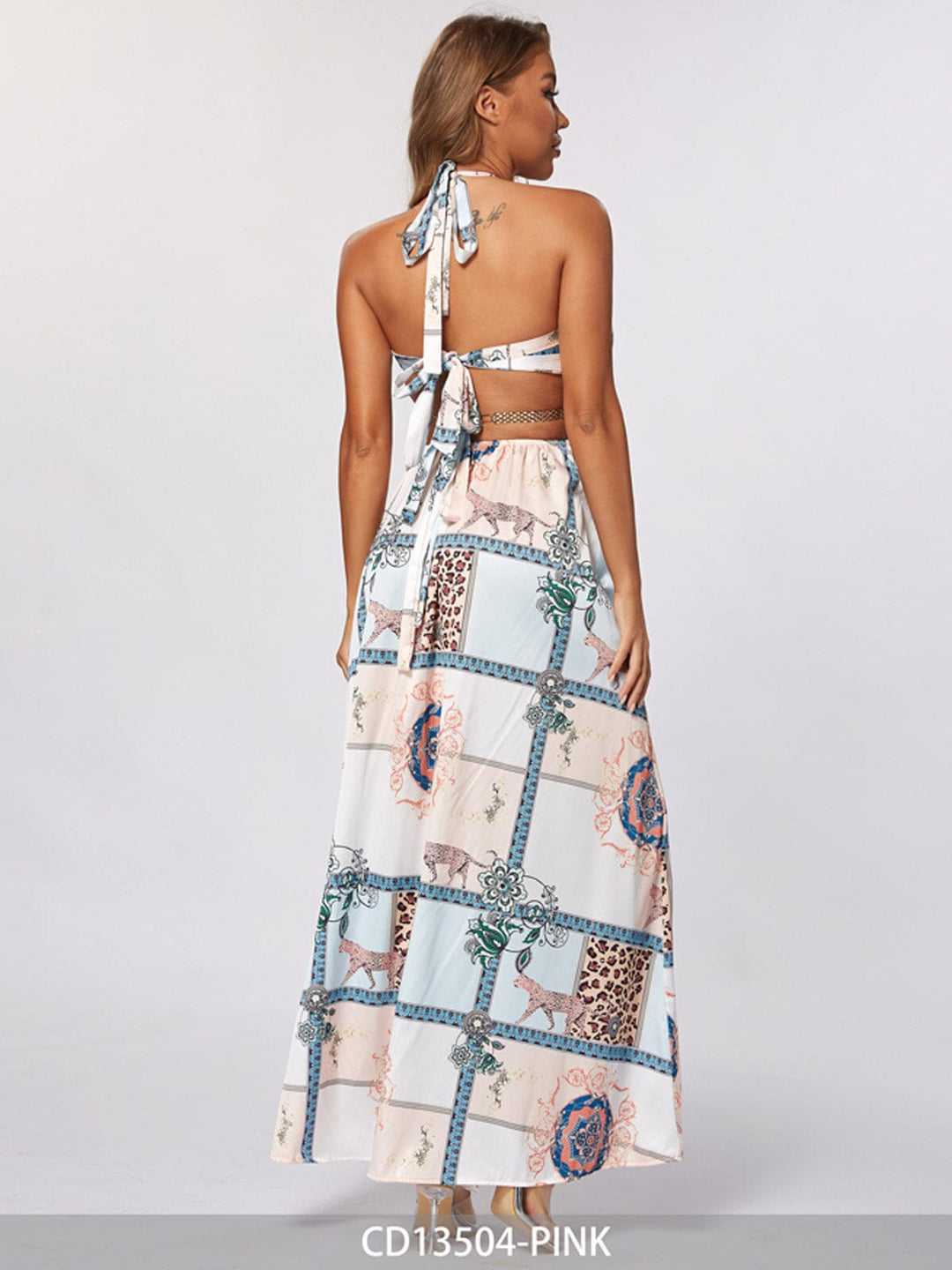 WOMEN'S SLEEVELESS V-NECK CUT OUT MULTI PRINT MAXI DRESS