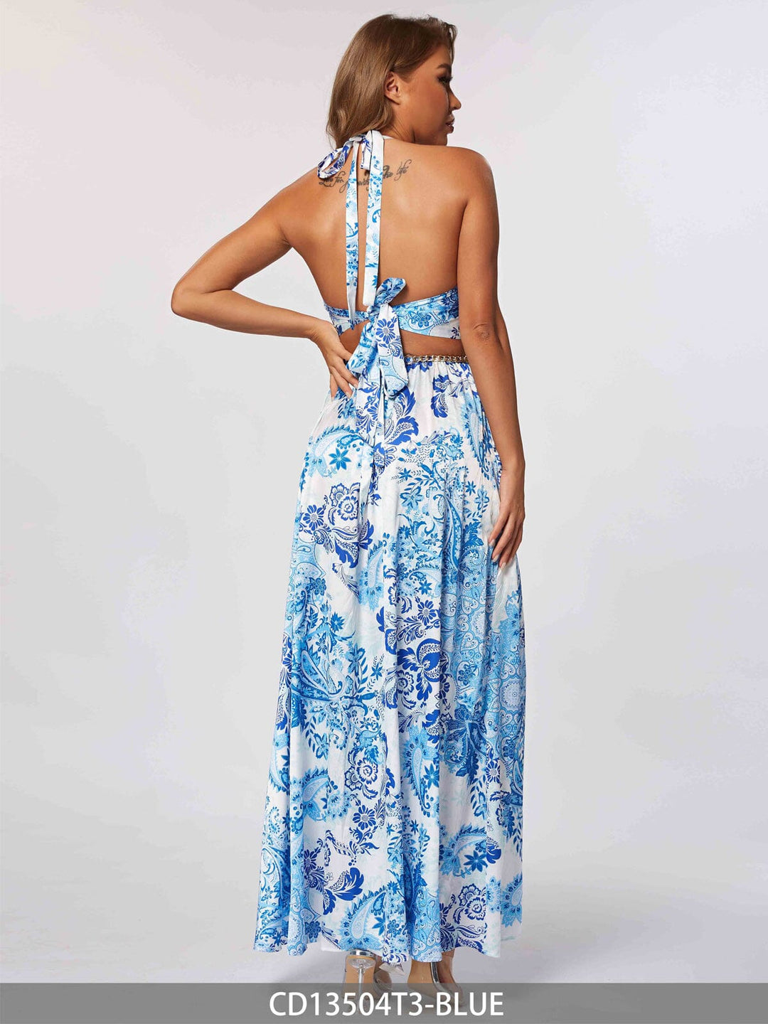 WOMEN'S SLEEVELESS V-NECK CUT OUT MULTI PRINT MAXI DRESS