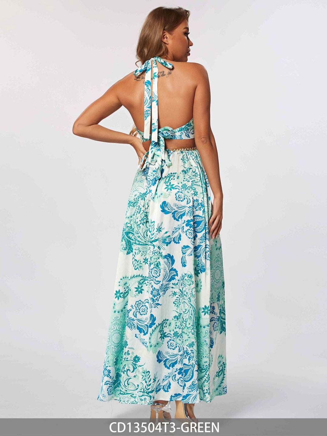 WOMEN'S SLEEVELESS V-NECK CUT OUT MULTI PRINT MAXI DRESS