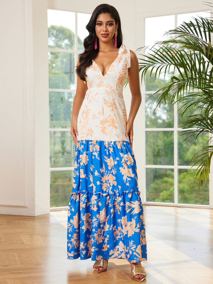 WOMEN'S SLEEVELESS V-NECK TIERED COLORBLOCK PRINTED MAXI DRESS