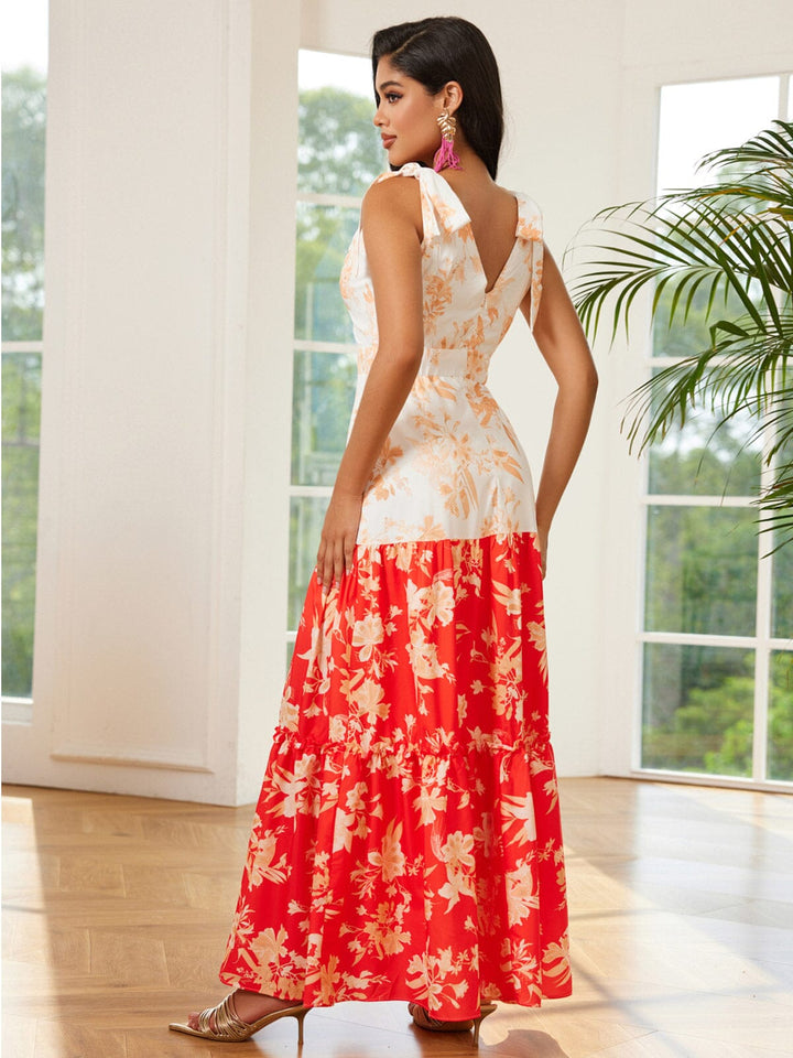 WOMEN'S SLEEVELESS V-NECK TIERED COLORBLOCK PRINTED MAXI DRESS
