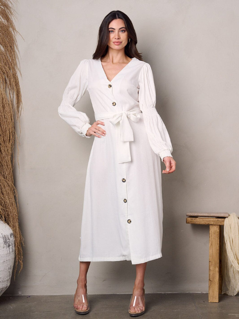 WOMEN'S LONG SLEEVE BUTTON UP SELF TIE MIDI DRESS