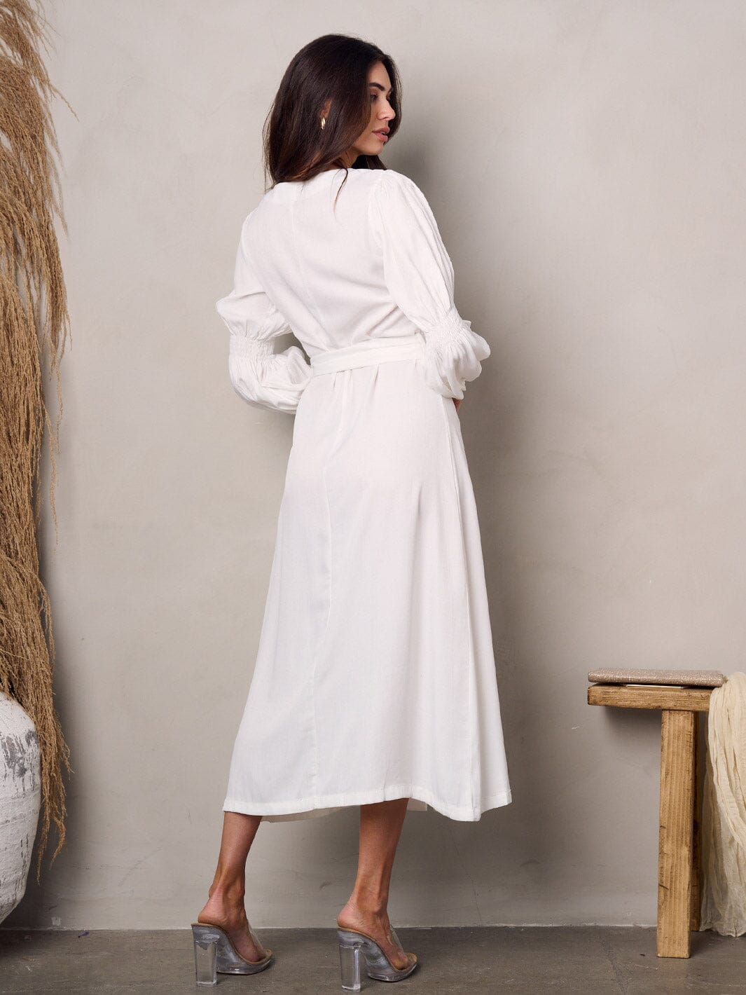 WOMEN'S LONG SLEEVE BUTTON UP SELF TIE MIDI DRESS