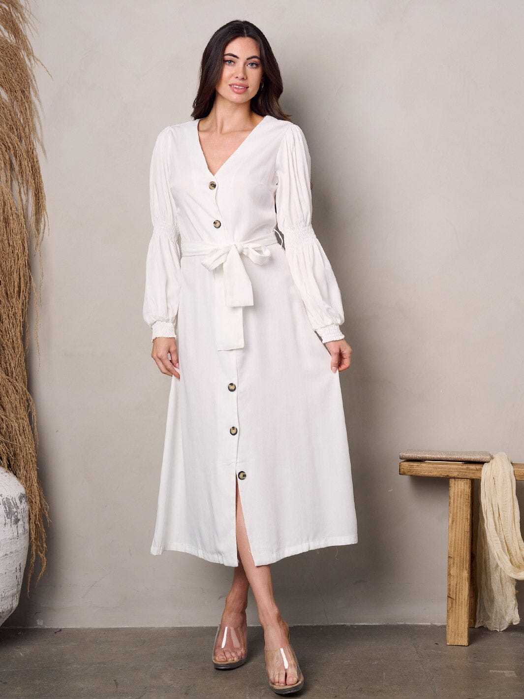 WOMEN'S LONG SLEEVE BUTTON UP SELF TIE MIDI DRESS