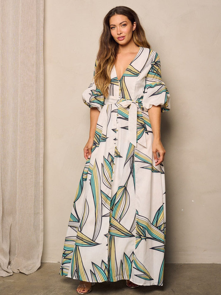 WOMEN'S SHORT PUFF SLEEVE V-NECK LEAF PRINT MAXI DRESS