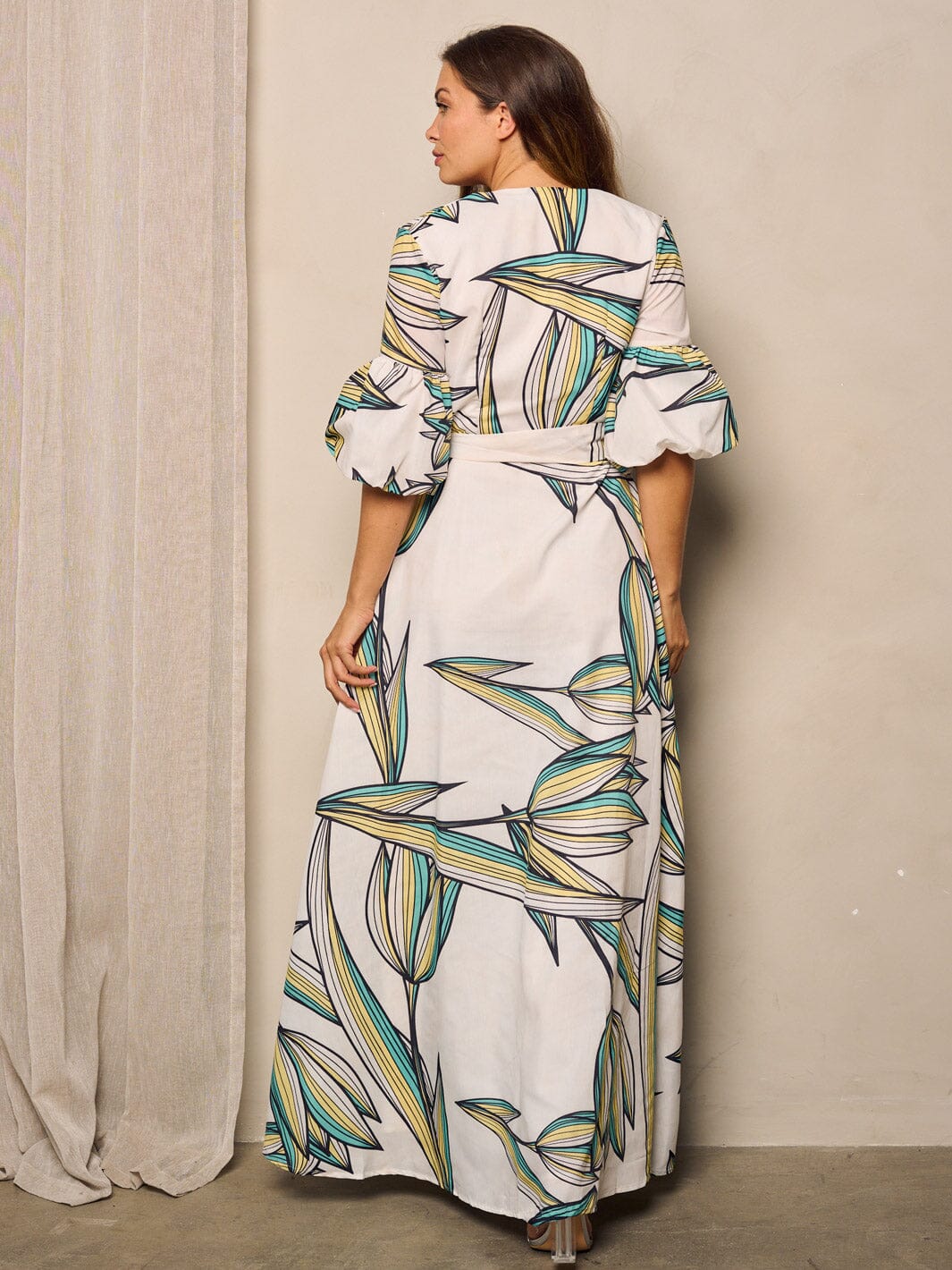 WOMEN'S SHORT PUFF SLEEVE V-NECK LEAF PRINT MAXI DRESS