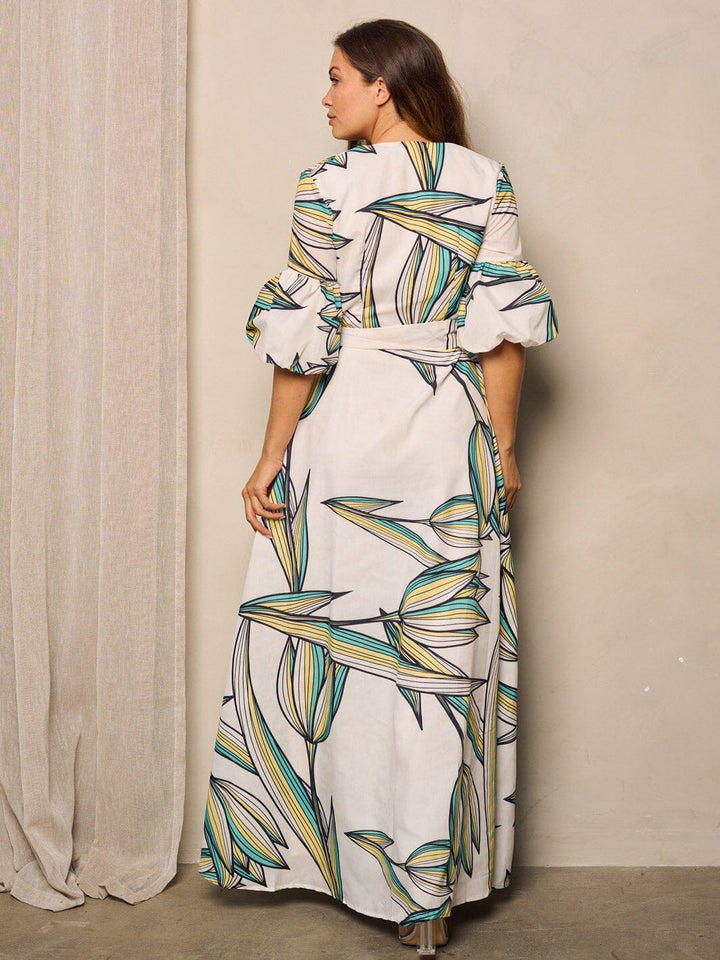 WOMEN'S SHORT PUFF SLEEVE V-NECK LEAF PRINT MAXI DRESS