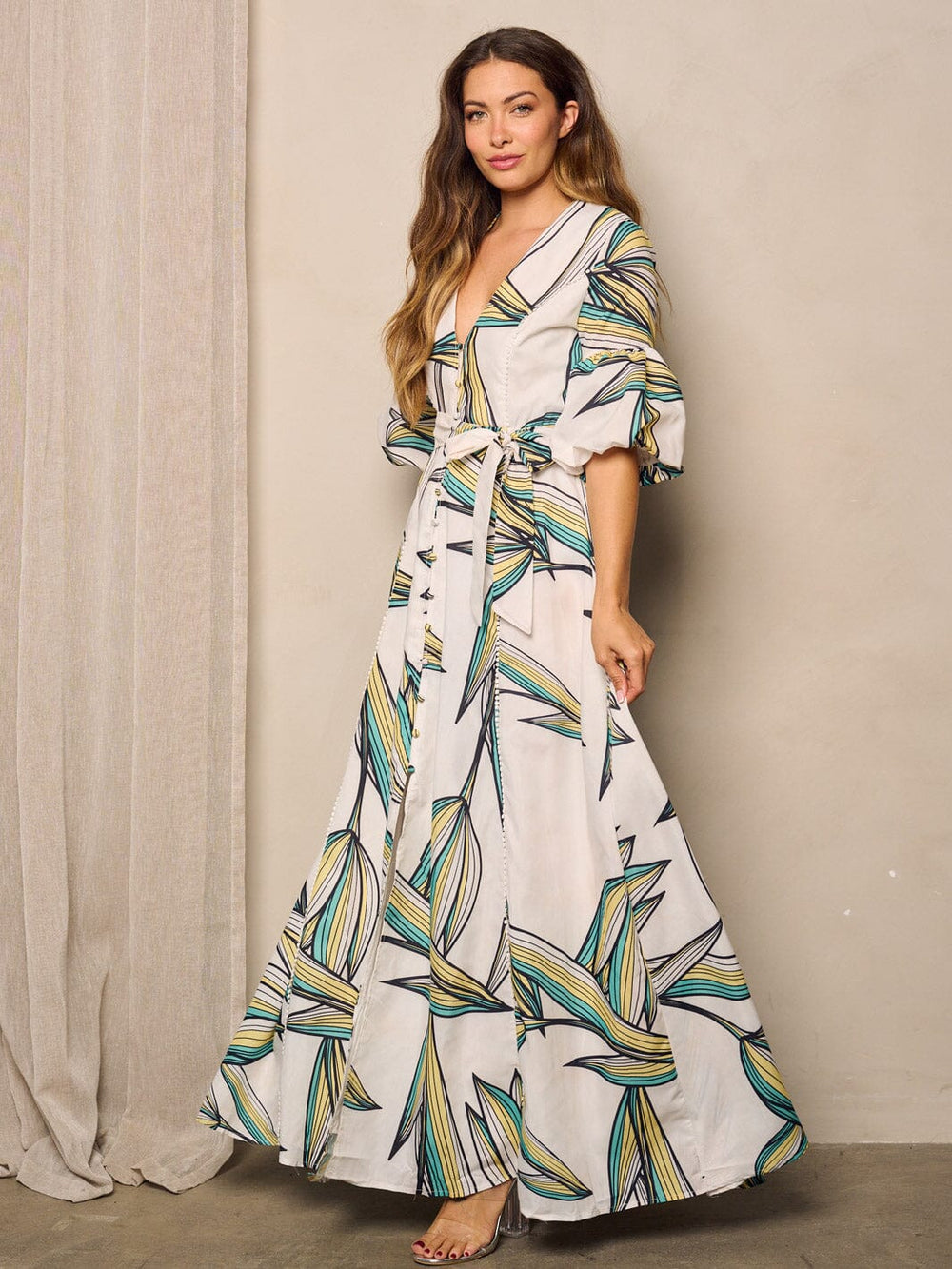 WOMEN'S SHORT PUFF SLEEVE V-NECK LEAF PRINT MAXI DRESS