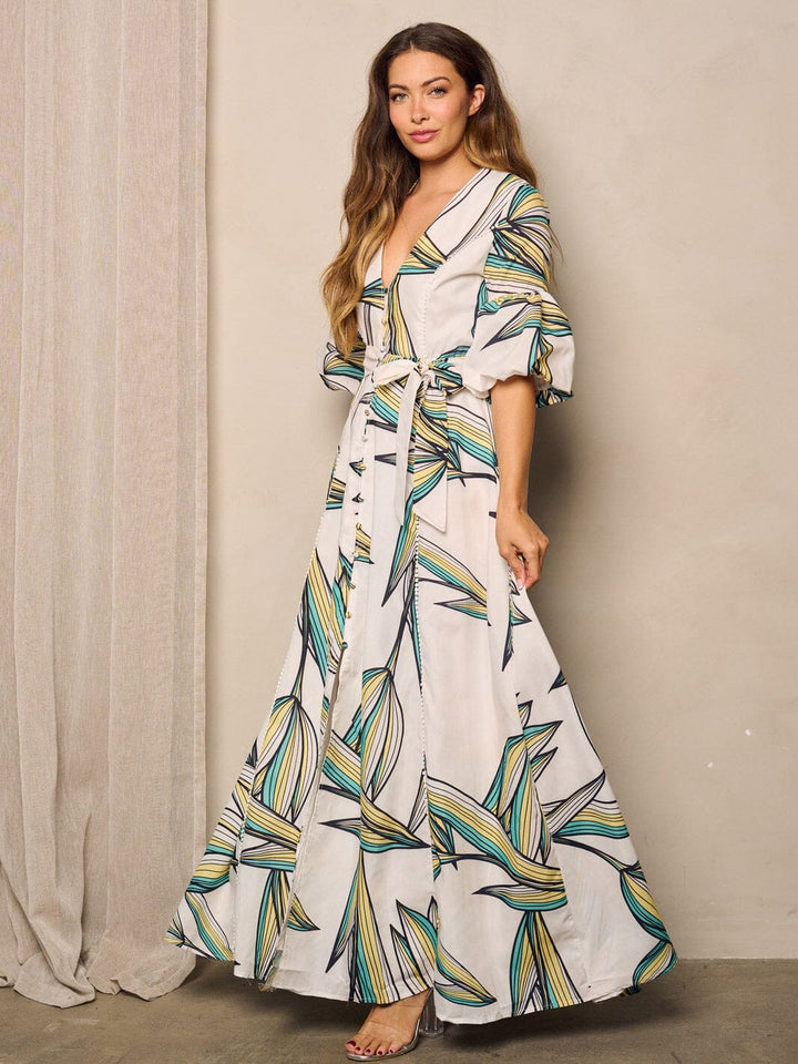 WOMEN'S SHORT PUFF SLEEVE V-NECK LEAF PRINT MAXI DRESS