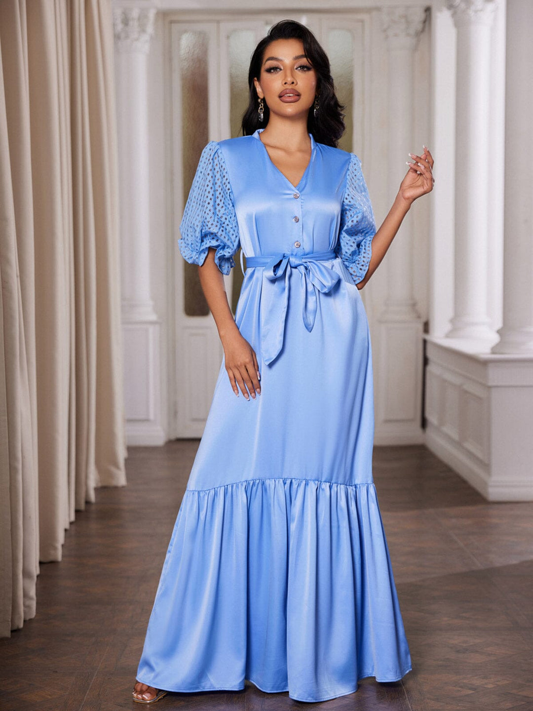 WOMEN'S SHORT PUFF SLEEVE V-NECK RUFFLE MAXI DRESS