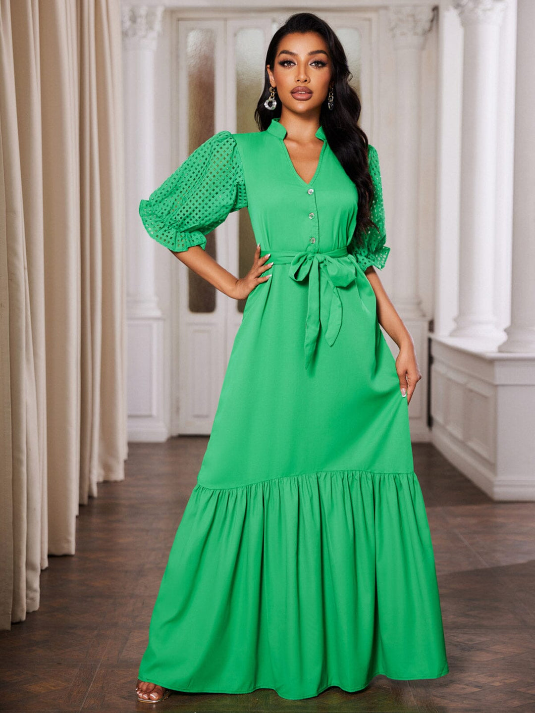 WOMEN'S SHORT PUFF SLEEVE V-NECK RUFFLE MAXI DRESS