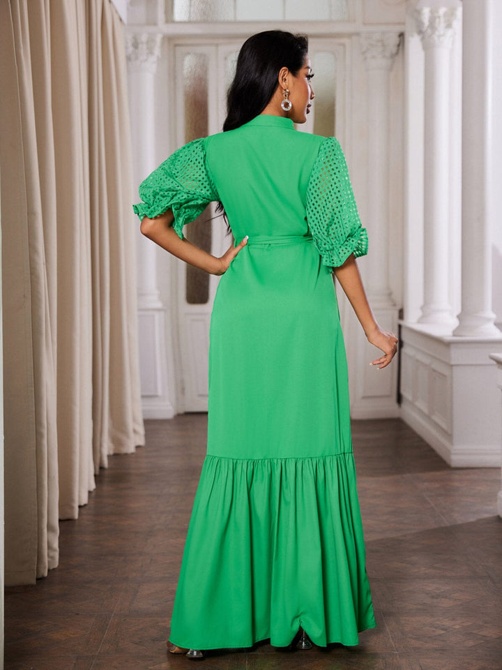 WOMEN'S SHORT PUFF SLEEVE V-NECK RUFFLE MAXI DRESS