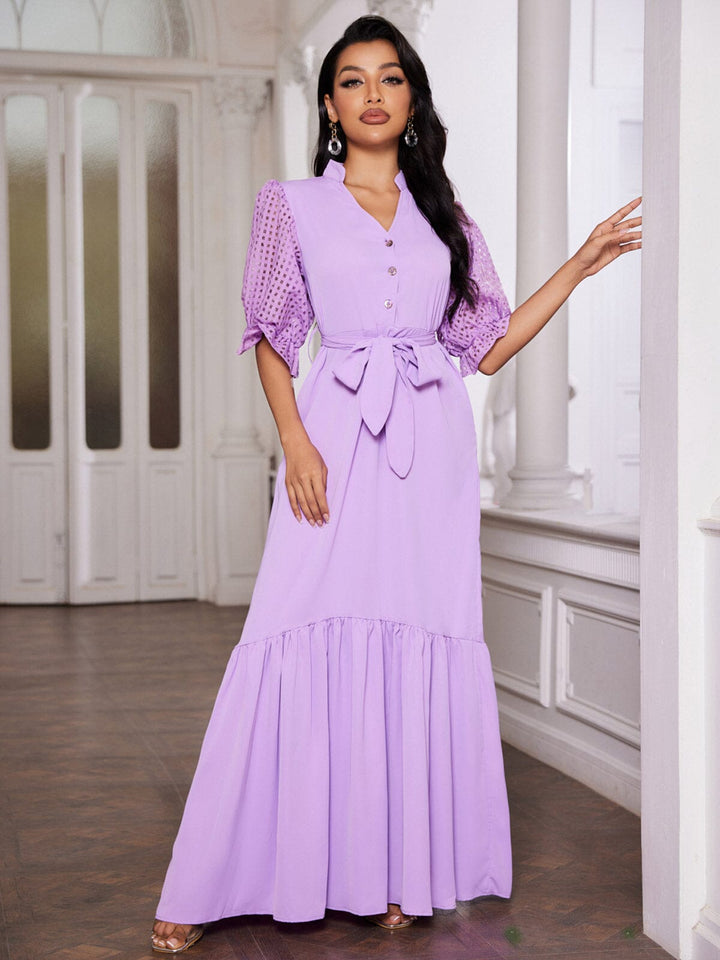 WOMEN'S SHORT PUFF SLEEVE V-NECK RUFFLE MAXI DRESS