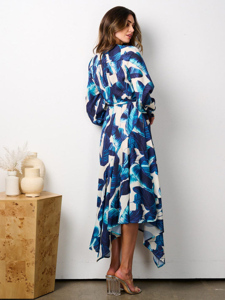 WOMEN'S LONG SLEEVE HIGH LOW LEAF PRINT WRAP MIDI DRESS