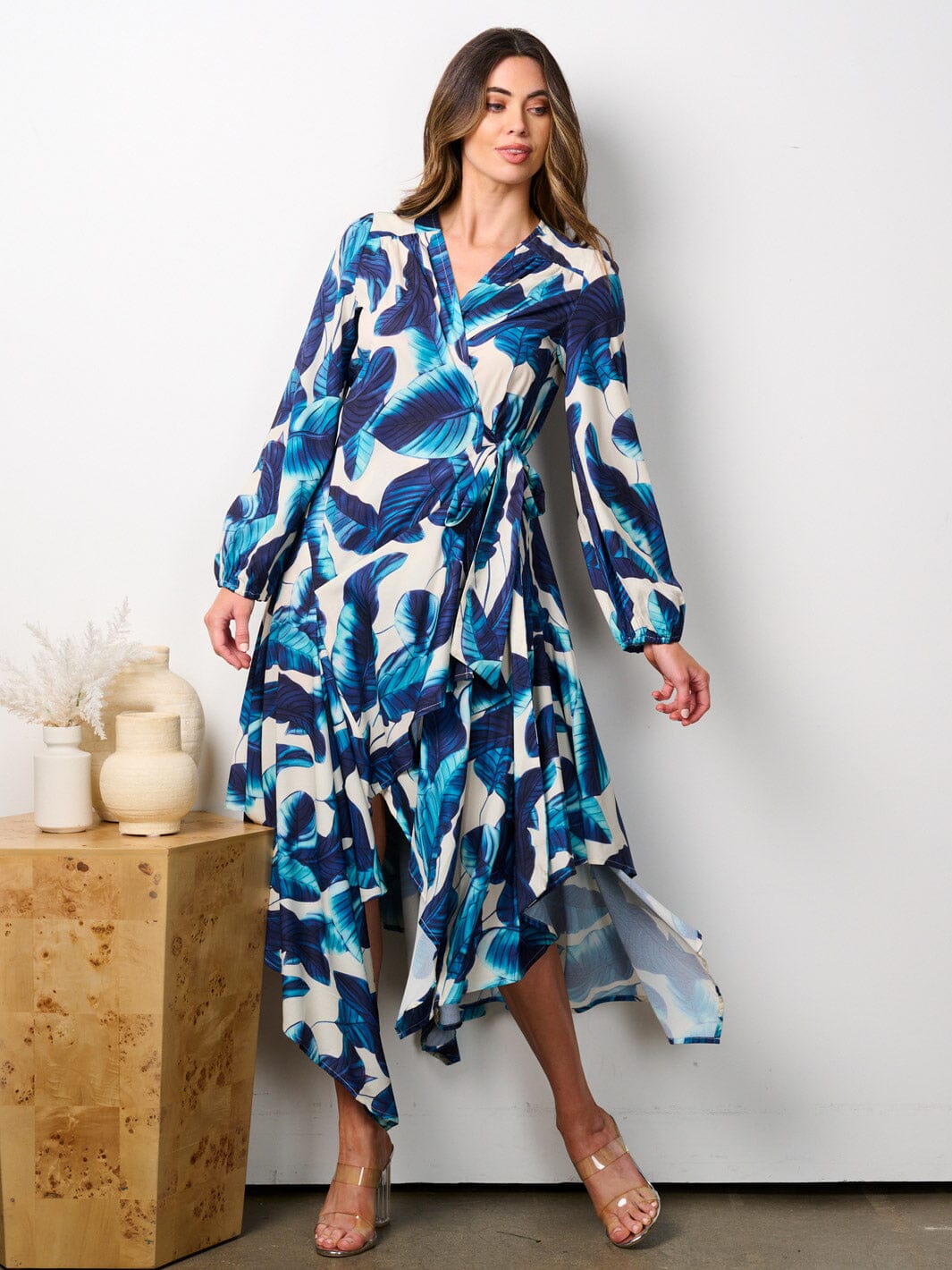 WOMEN'S LONG SLEEVE HIGH LOW LEAF PRINT WRAP MIDI DRESS