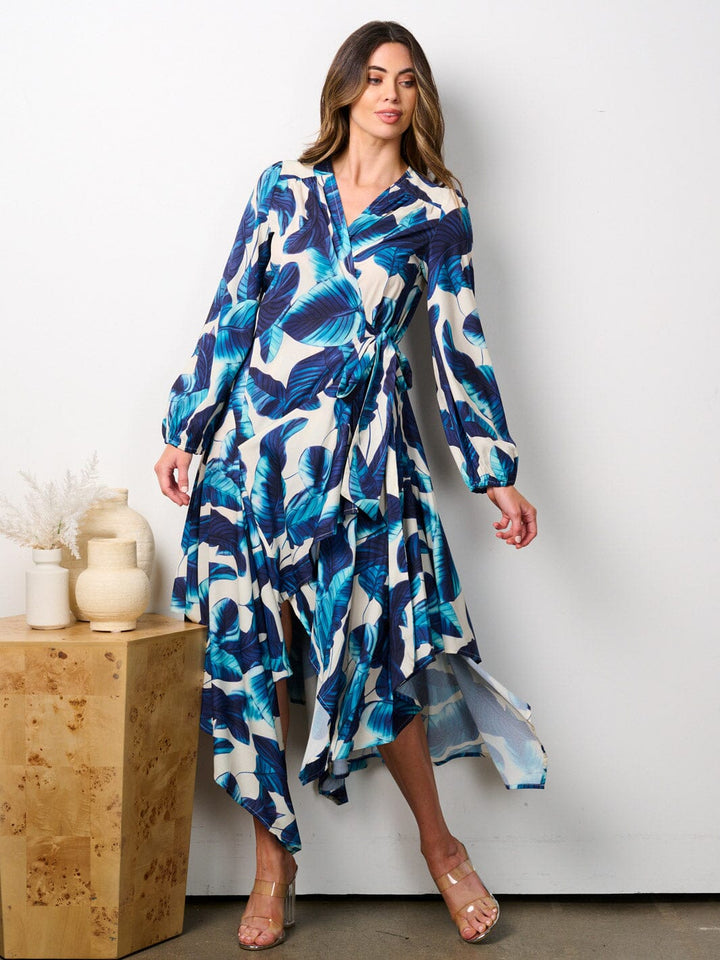 WOMEN'S LONG SLEEVE HIGH LOW LEAF PRINT WRAP MIDI DRESS