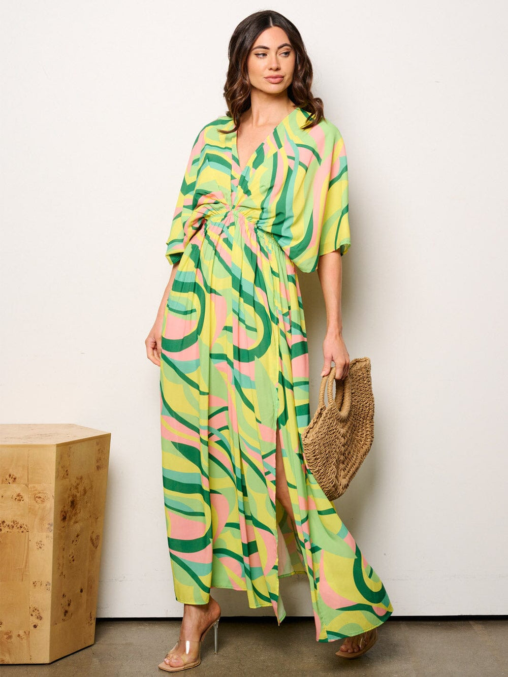 WOMEN'S 3/4 SLEEVES V-NECK ELASTIC WAIST MULTI PRINT MAXI DRESS