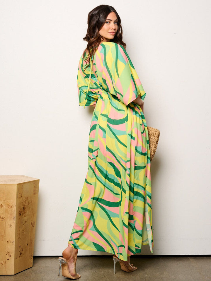 WOMEN'S 3/4 SLEEVES V-NECK ELASTIC WAIST MULTI PRINT MAXI DRESS