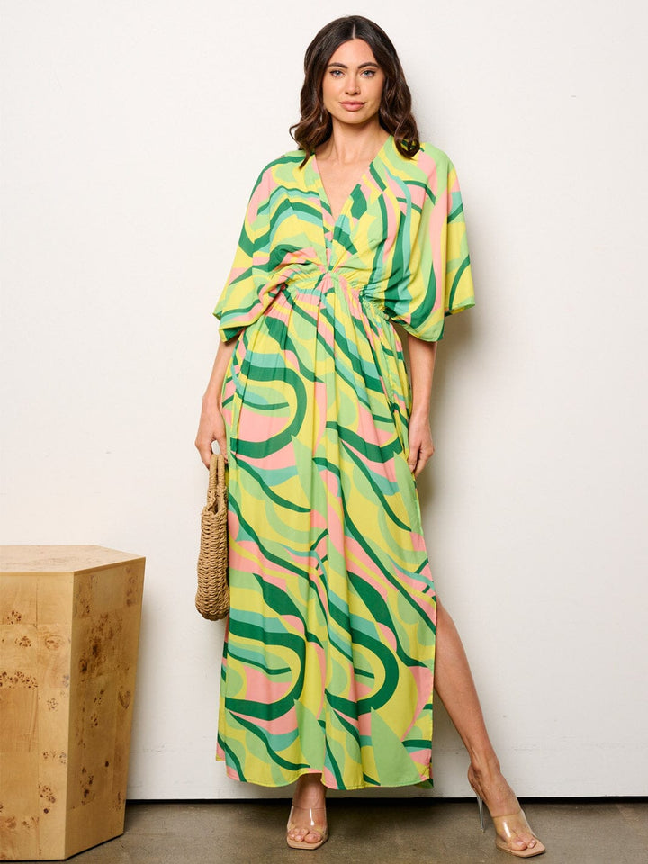 WOMEN'S 3/4 SLEEVES V-NECK ELASTIC WAIST MULTI PRINT MAXI DRESS