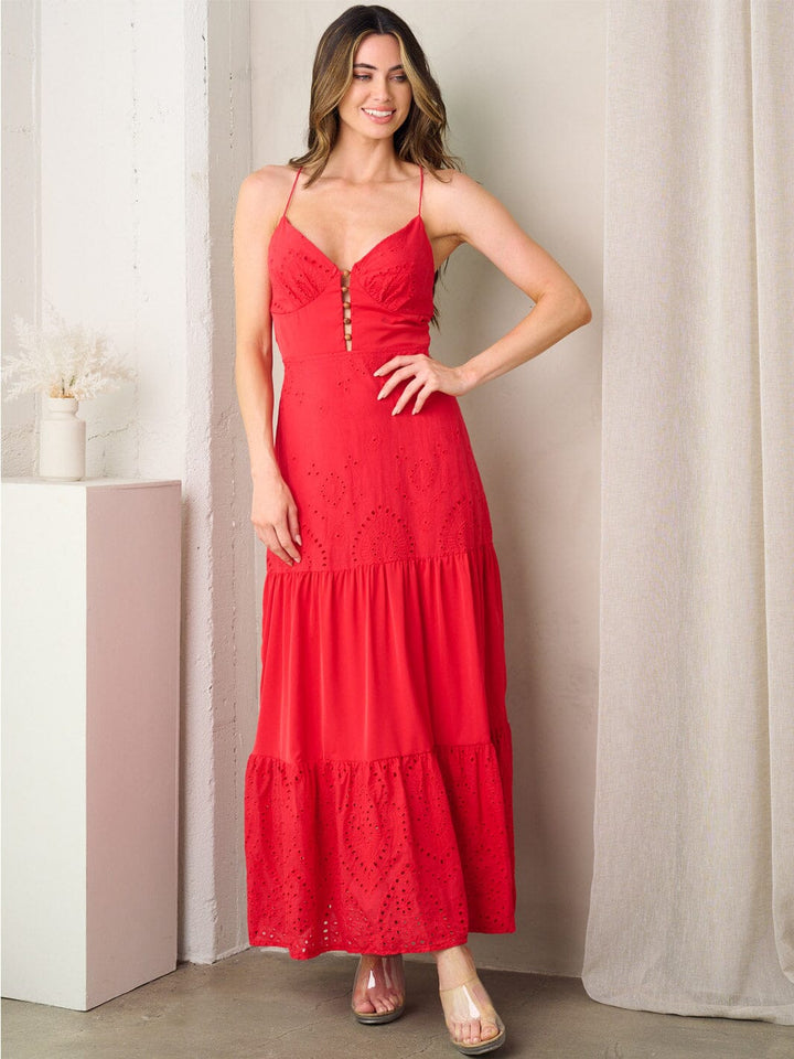 WOMEN'S SLEEVELESS V-NECK TIERED BACK TIE DETAILED MAXI DRESS