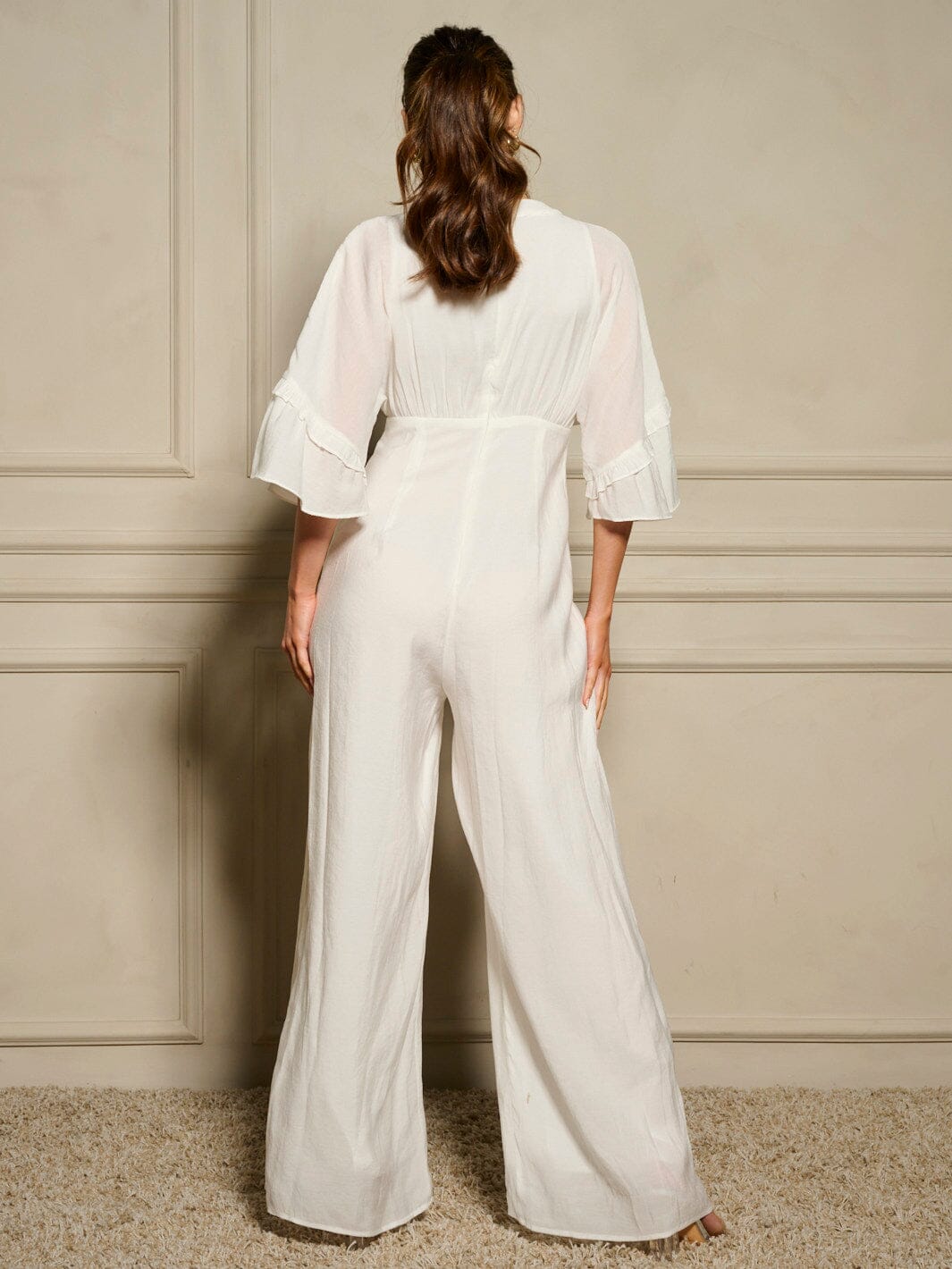 WOMEN'S SHORT SLEEVE V-NECK RUFFLE WIDE LEG JUMPSUIT